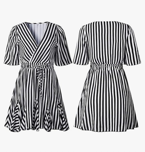 Women's Casual Summer Striped Dress Short Sleeve Wrap V Neck Ruffle Line Belted - Picture 2 of 3