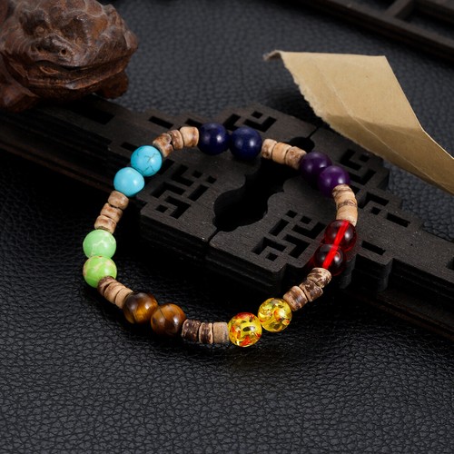 Natural Wood Bracelet Coconut Shell Vintage Stone Beaded Stretch Prayer Bracelet - Picture 17 of 48