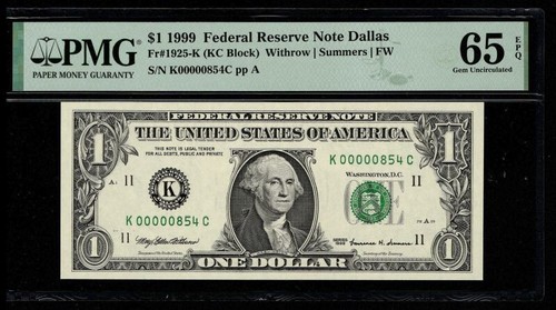 1999 $1 Federal Reserve Note Low 3 digit Serial Number Dallas K00000854C PMG65 - Picture 4 of 4