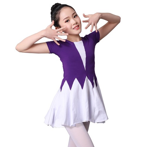 Girl Short Sleeve Ballet Dance Dress Cotton Bicolor Active Dancewear Outfit Slim - Picture 2 of 8