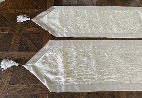 Antique Tan/ Gold 72” Tasseled Table Runners or Dresser Scarves - Set Of 2 - Picture 2 of 2