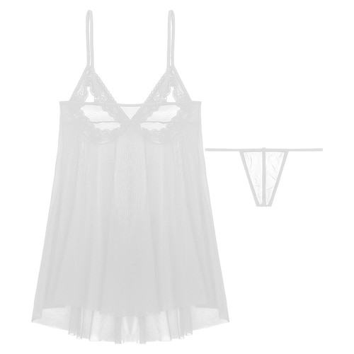 UK Women Mesh Cupless Spaghetti Straps Nightdress G-string Lingerie Nightwear - Picture 11 of 25