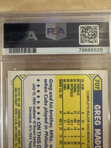 1987 Topps Traded Autogramm Greg Maddux Rookie Card, Hard Signed - Bild 5 von 10