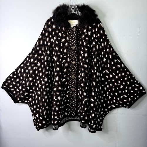 Vtg ZoZo French Eagle Wool Blend Button Up Knit Cape Faux Fur Collar Womens L/XL - Picture 8 of 12