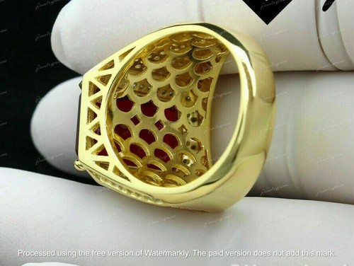 14k Yellow Gold Over 3.50 Ct Emerald Lab-Created Red Ruby Men's Engagement Ring - Picture 3 of 6