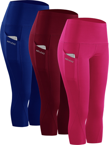 Womens Tummy Control High Waist Capri Yoga Leggings with Pocket,Blue+Wine Red+Ro - Picture 10 of 11