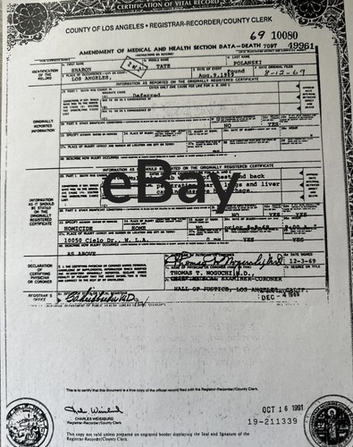 SHARON TATE Certificate of Death 1-2 Prints