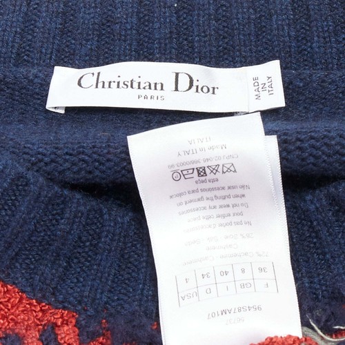 DIOR navy red plaid tartan cashmere silk fringe hem sweater FR36 S - Picture 8 of 9