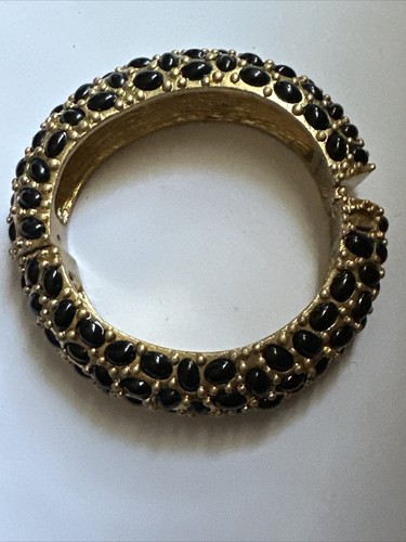 Vintage Kenneth Lane Chunky Faux Black Cabochons Cuff Hinged Bracelet - Picture 6 of 9