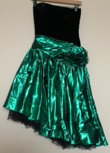 Vintage Prom Dress Formal Black Velvet Green Strapless Zum Zum Bow 80s 90s 5 6 - Picture 2 of 5