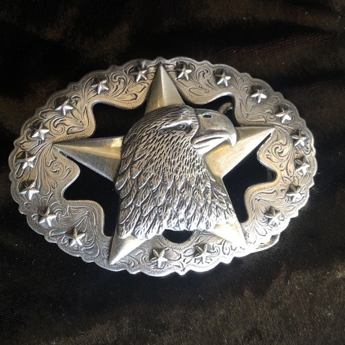 Vintage TLF Eagle Stars Engraved Scroll Silver and Gold tone Belt Buckle - Picture 1 of 2