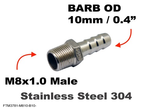 M8x1.0 Male to BARB OD 10mm / 0.4" Stainless Tail Adaptor Hose Connector - 第 1/6 張圖片