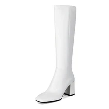 SOVANYOU White Knee High Boots Leather Tall White Boots for Women Chunky Heeled