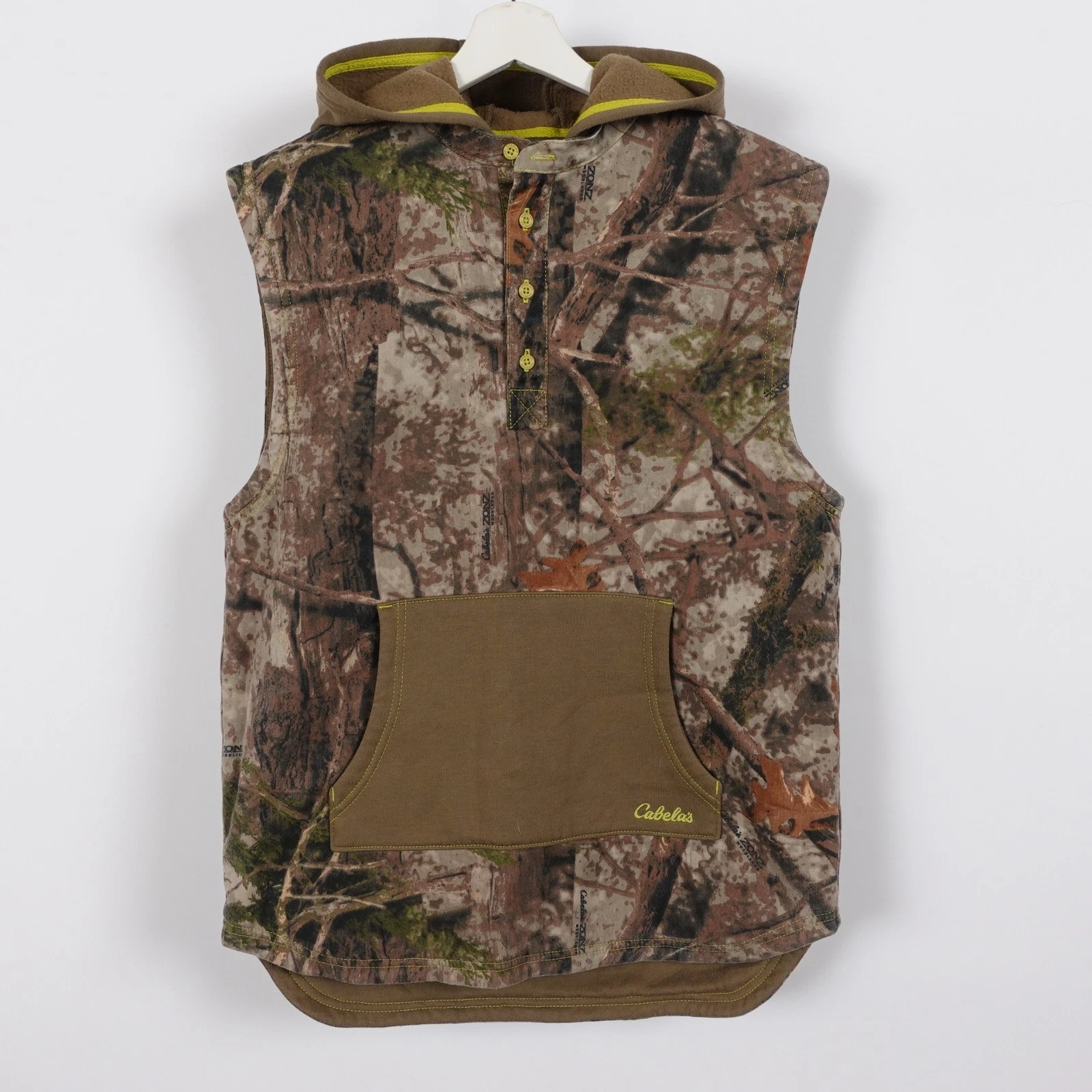 Cabela's Mens XL Hooded Zonz Woodlands Camo Henley Hunting Vest Fleece Pocket