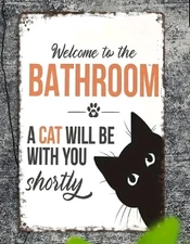 Funny Cat Bathroom Sign 8x12 Metal Wall Decor Retro Black Cat Gift House Humor