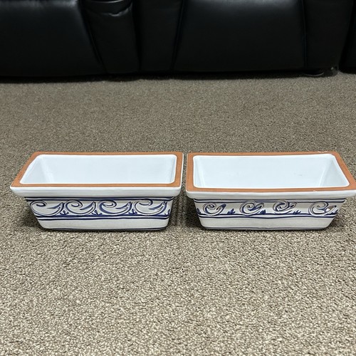 Pair Of New England Pottery Rectangular Abstract Blue Gold Planters Portugal - Picture 2 of 17