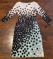 Tahari Dress Womens 6 Ivory Mint Black Polka Dot Elbow Sleeve Sheath New