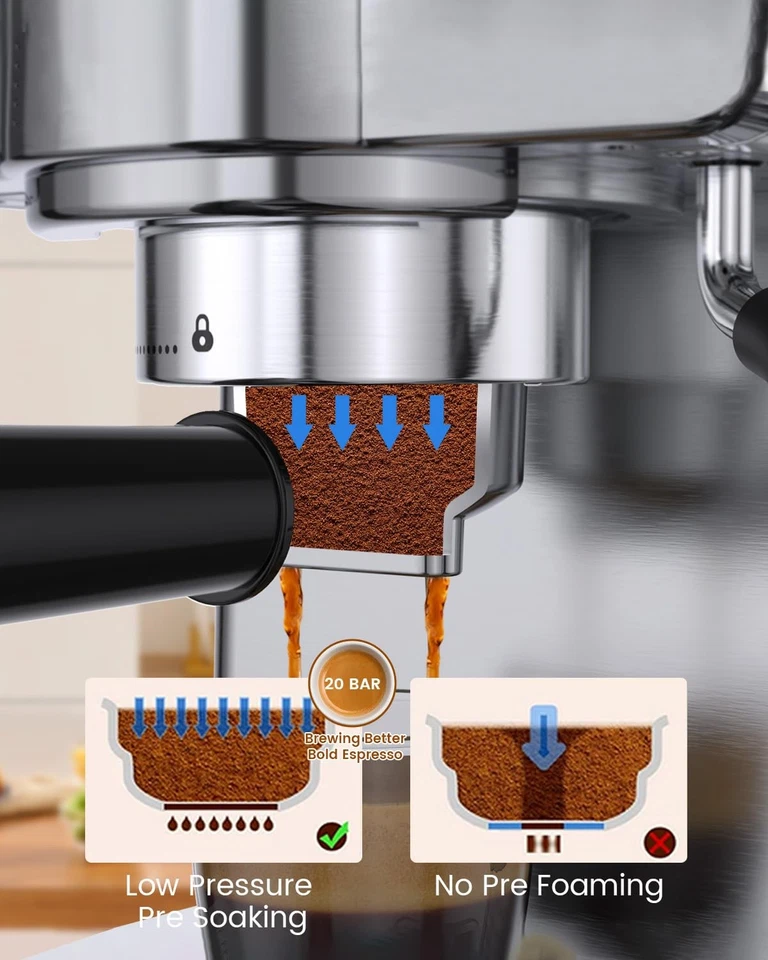 Máquina de café espresso 20 bar, varilla de vapor espumador de leche, 60 oz (1,8 litros) bronceado al agua... Foto 3 de 4