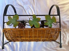Vintage Magazine Rack Woven Rattan with Wrought Iron Grapevine Decoration
