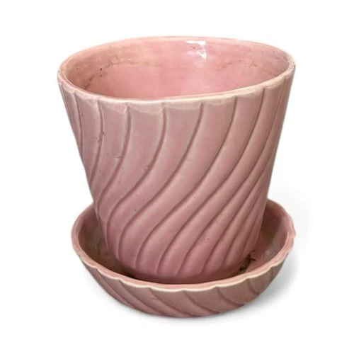 Vtg Brush Pottery Indoor Planter Pink Swirl 326-5 USA 1950's, 4.5x5”