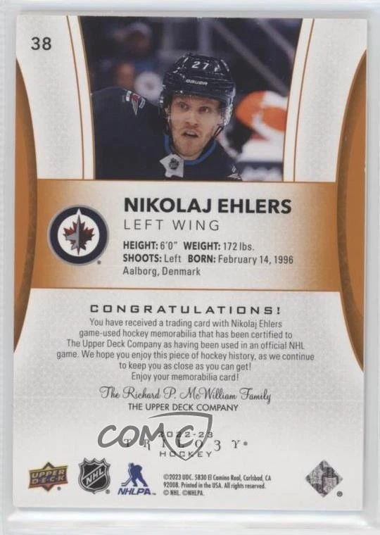 2022-23 Upper Deck Trilogy Orange Foil Jersey Nikolaj Ehlers #38 - Image 2 of 2