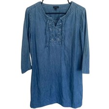 Talbots Denim Dress Blue Lace Up Eyelet 3/4 Sleeve Casual Sz 8
