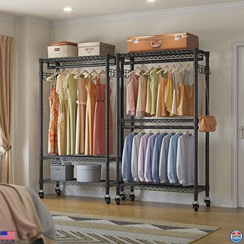 Schwerlast Roll Kleiderständer verstellbar Metallregal tragbar Schrank schwarz - Bild 3 von 6