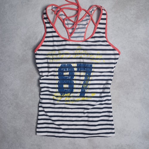 Sporty Y2K Striped Tank Top Womens Medium Bra Tankini Graphic White Athletic Tie - Picture 2 of 9