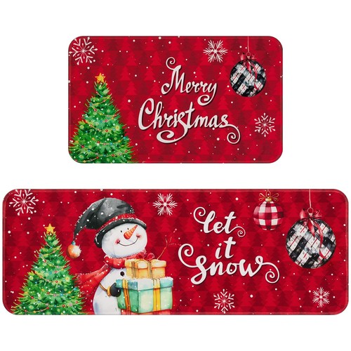 Christmas Kitchen Rugs Set of 2, Snowman Kitchen Mats for Floor Xmas Tree Sno...