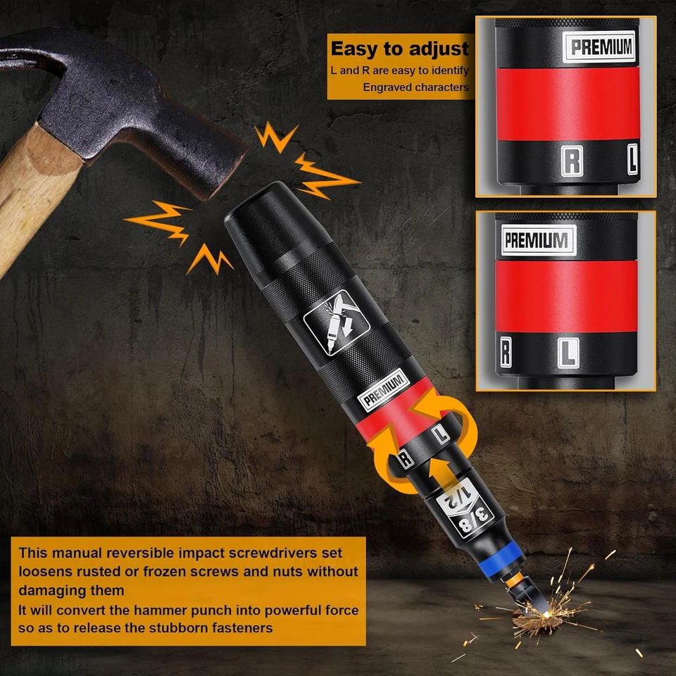 1/2" Hand Impact Screwdriver Set, 13 PCS Manual Reversible Impact Driver Kit, S2 - Image 2 of 4