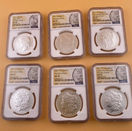 2021 MORGAN & PEACE SILVER DOLLAR NGC MS70 100th Anniversary 6 COIN SET