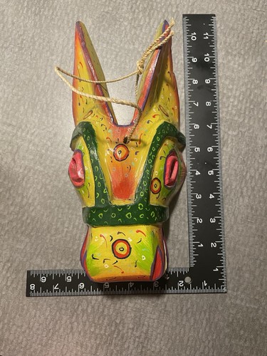 Handmade Wooden Donkey Mask Yellow Red Green Painted Guatemala FolkArt 11” READ - Afbeelding 6 van 6