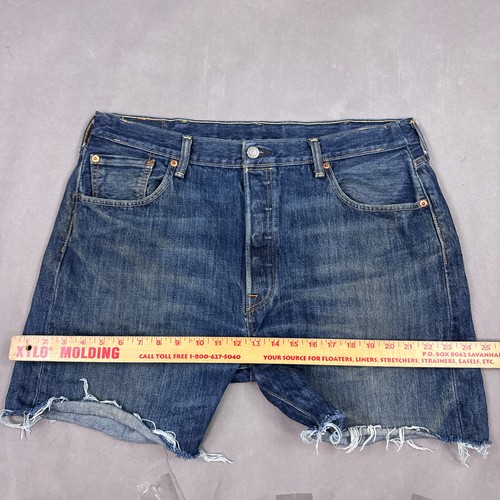 Levis 501 Cut Offs Men 36 Blue Denim Shorts Jort Frayed Faded Button Fly (Tag38) - Picture 9 of 15