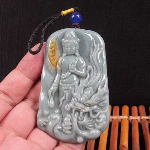 Certified Green yellow 100% Natural A JADE Jadeite pendant Dragon Bodhisattva 97 - Picture 7 of 10