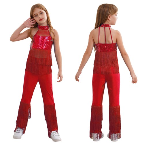 Kids Girls Leotard Long Rompers Fancy Jumpsuit Halter Bodysuit Latin Outfit - Picture 50 of 95