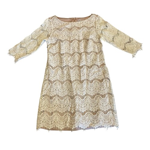 Jessica Howard Women’s Sheath Dress Size 8P Beige Blush Illusion Lace Overlay