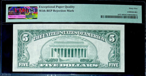 GEM 1969C $5 FEDERAL RESERVE NOTE-INK SMEAR ERROR/BEP REJECTION MARK- PMG#65 EPQ - Picture 2 of 4