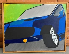 Vintage 1970s Abstract Car Mach 1 Oil Painting Modern Art Wall Hanging Fleming