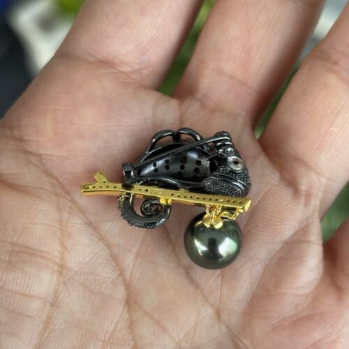 9.5mm Black Tahitian Pearl sterling Silver pendant Brooch Black Seawater Pearl - Picture 5 of 7