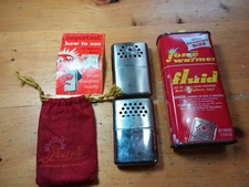 USA VTG LOT JON-E WARMERS LIGHTER FLUID CAN TIN ALADDIN INSTRUCTIONS BAG POUCH