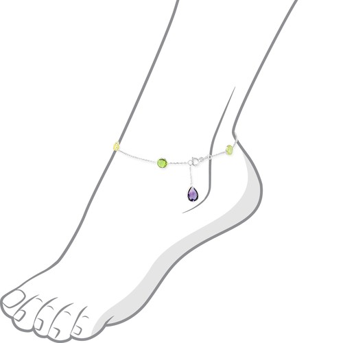 14K White Gold Gemstone Anklet With An Amethyst Pear Shape Drop 10 Inches - Picture 2 of 2