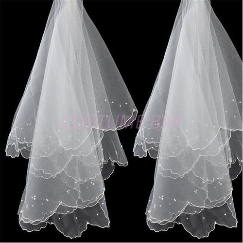 Women Classic Two Tiers Ribbon Wedding Veil Cathedral Bride Bridal Hen's Night - Bild 21 von 41