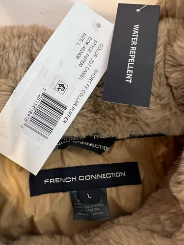 French Connection Short Faux Fur Puffer Coat Size Large Camel Color Pockets NWT - Picture 5 of 14
