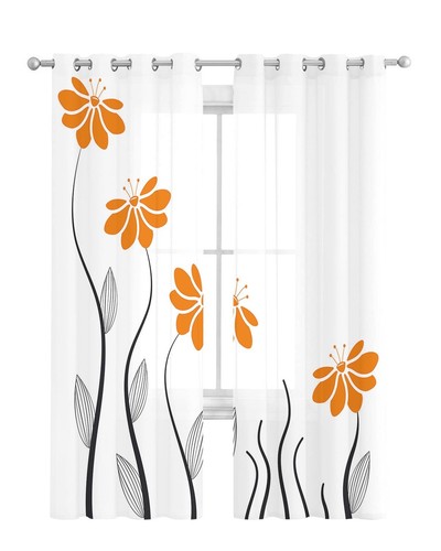 Floral Sheer Curtains 90 inches Long for Living Room, Orange Flowers Plant Li... - Picture 2 of 6