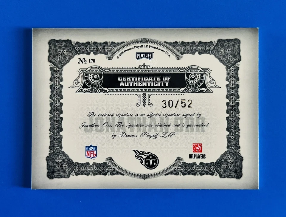 2006 Playoff National Treasures Jonathan Orr Auto Football Card #170; #d /52 - Image 2 of 2