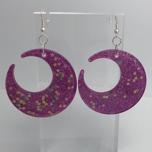 Large crescent moon earrings, Star Glitte , Acrylic Earrings - Picture 30 of 60