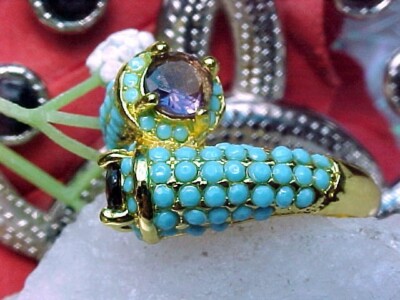 Natural Amethyst 5mm Rd.+ Turquoise beads ByPass Ring 925 Yellow Gold Plate Sz11