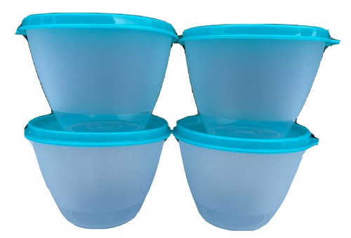 NEU Tupperware KÜHLSCHRANK SCHÜSSEL 14 Unzen 4er Set mit türkisfarbenem Deckelverschluss - Bild 1 von 4