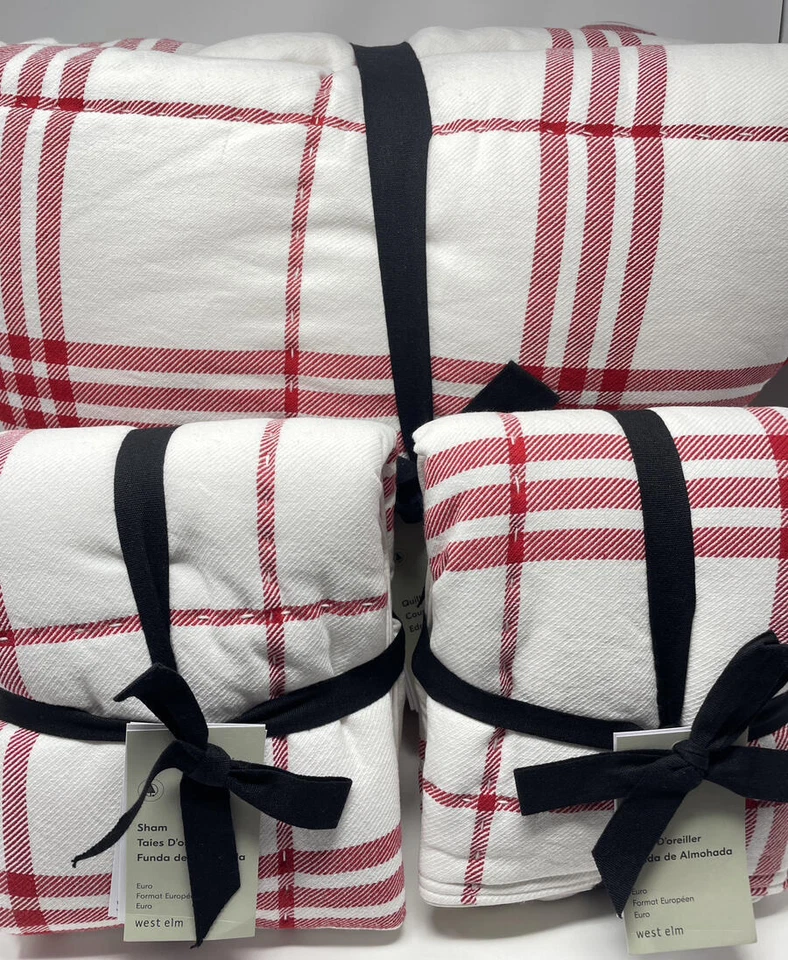 Nuevo ~ Edredón West Elm Farmhouse a cuadros rojo blanco ~ Reina completa ~ 2 fundas de euros Foto 2 de 4