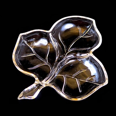 Hazel-Atlas Leaf Clear 8'' Figural 3-Part Relish Dish Mid-Century Glassware JRB
